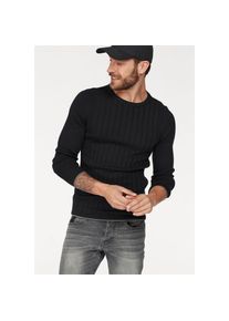 Bruno Banani , Jungen,Damen , Rundhalspullover in Rippoptik , schwarz , Mit Markenlabel auf der Brust