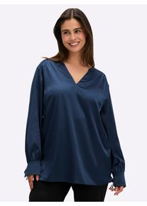 sheego Witt Damen Tunika aus Satin, mit Ärmel-Bindebändchen, dunkelblau, Größe 48, 97% Polyester, 3% Elasthan