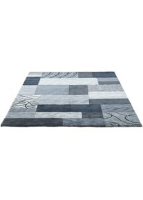 Theko, Theko Wollteppich &raquo;Royal Domas 4028&laquo; rechteckig 14 mm H&ouml;he Kurzflor, reine Wolle, handgetuftet, modernes Patchwork Design, anthrazit, 