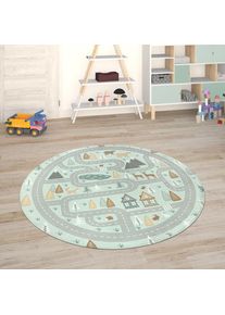 Kinderteppich »Chicos 550« rund 2 mm Höhe Flachgewebe, Strassen-Spiel-Teppich, Kinderzimmer , blau , Paco Home , Obermaterial: 100% Polyester