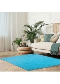 Teppich »Cadis« rechteckig 5 mm Höhe Wendeteppich, mit Fransen, Uni Farben, handgewebt, reine Baumwolle , blau , my home , Obermaterial: 100%...