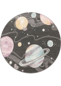 Paco Home, Kinderteppich &raquo;Nino 888&laquo; rund 13 mm H&ouml;he Spielteppich, Kurzflor, Motiv Weltraum, pflegeleicht, Kinderzimmer, anthrazit, Polypropylen (PP), 