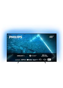 Philips , OLED-Fernseher »48OLED707/12«, 4K Ultra HD, Android TV-Smart-TV, 3-seitiges Ambilight , silberfarben , Jedes Bild – einfach echt. P5...
