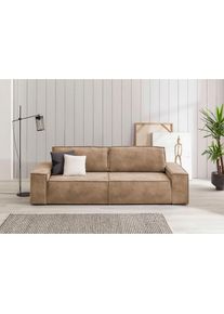 3-Sitzer »SHERWOOD Schlafsofa (257cm) Cord, Samtvelours, Vintage-Lederoptik« Schlaffunktion mit Bettkasten (ca. 136/200cm) , beige , Home Affaire