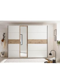Schlafkontor Kleiderschrank »Leo Schwebetürenschrank, Schiebetürenschrank mit Spiegel«, Absetzung in Viking Oak heller Rillenoptik und Spiegel , weiss ,...