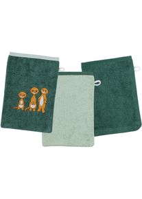 Wörner Waschhandschuh »Erdmännchen Waschhandschuh 3er Set«, (3 St., 3er Set Waschhandschuhe 15 x 21 cm), 1x Stickerei Erdmännchen, 2x unifarben , grün ,...