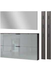 Garderoben-Set »Valega«, (4 St.), Schuhschrank mit Glasfronten, Spiegel und zwei Garderobenpaneelen , grau , Germania