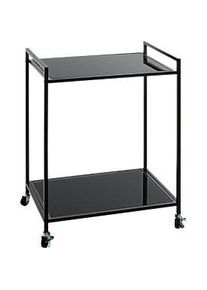 Mobiler Beistelltisch HAKU, 2 Ablagen mit jeweils bis zu 6 kg Tragkraft, B 500 x T 360 x H 690 mm, Stahl/ESG-Sicherheitsglas, schwarz