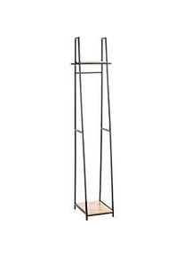 Standgarderobe HAKU, Gesamttragkraft 15 kg, 2 Ablagen, B 380 x T 400 x H 1660 mm, Stahl/Holz, schwarz/helles Eiche-Dekor