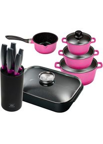 King Topf-Set, Aluminiumguss, (Set, 11 tlg., 4 Töpfe, 3 Deckel, Bräter, 1 Messerblock, 5 Kochmesser), Induktion lila violett