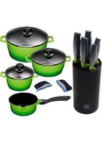 King Topf-Set, Aluminiumguss, (Set, 10 tlg., 4 Töpfe, 3 Deckel, 1 Messerblock, 5 Kochmesser), Induktion grün
