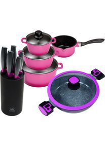 King Topf-Set, Aluminiumguss, (Set, 11 tlg., 4 Töpfe, 1 Servierpfanne, 4 Deckel, 1 Messerblock, 5 Kochmesser), Induktion lila violett