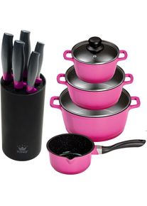 King Topf-Set, Aluminiumguss, (Set, 10 tlg., 4 Töpfe, 3 Deckel, 1 Messerblock, 5 Kochmesser), Induktion lila violett