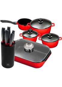 King Topf-Set, Aluminiumguss, (Set, 11 tlg., 4 Töpfe, 3 Deckel, Bräter, 1 Messerblock, 5 Kochmesser), Induktion rot
