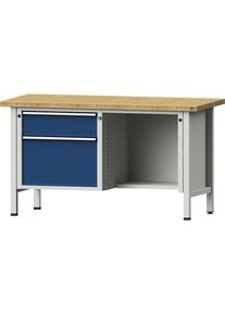 Werkbank, Gestellbauweise Serie V, 2 Schubladen, ½ Ablageboden, Buche massiv, Vollauszug ANKE