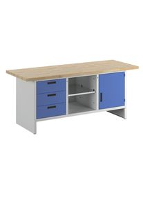 Werkbank mit geschlossenen Seiten, 3 Schubladen, 1 Tür, Breite 2000 mm, lichtgrau / enzianblau eurokraft basic
