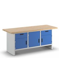 Werkbank mit geschlossenen Seiten, 2 Schubladen, 3 Türen, Breite 2000 mm, lichtgrau / enzianblau eurokraft basic