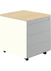 Schubladencontainer mit Rollen, HxT 579 x 600 mm, Kunststoffplatte, 3 Schubladen, reinweiß / weißaluminium / Ahorn Mauser