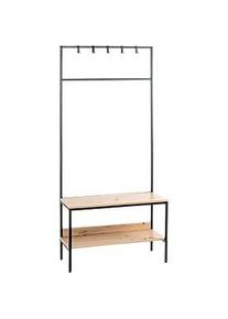 Standgarderobe HAKU, 5 Haken, Gesamttragkraft 15 kg, 2 Ablagen, B 800 x T 350 x H 1800 mm, Stahl/Holz/Metall, schwarz/helles Eiche-Dekor