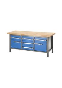 Höhenverstellbare Werkbank, Gestellbauweise, 5 Schubladen, 2 Flügeltüren, Breite 2000 mm, anthrazit / blau eurokraft pro