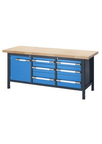 Höhenverstellbare Werkbank, Gestellbauweise, 6 Schubladen, 1 Flügeltür, Breite 2000 mm, anthrazit / blau eurokraft pro