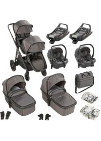 BABYGO Zwillings-Kombikinderwagen »Duo Ultra Set, grau«, inkl. 2 Babyschalen, 2 Isofix Base, Wickeltasche u. 2 Regenhauben grau