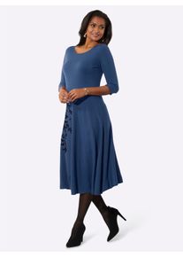 WITT Damen Strickkleid mit samtigem Flockdruck, jeansblau, Größe 54, 50% Viskose, 28% Polyester, 22% Polyamid