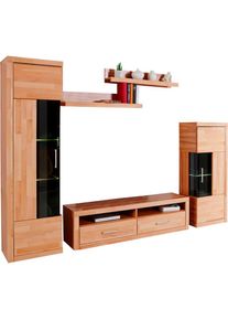 Home Affaire , Wohnwand »Ribe,Set-5 St.,Oberplatten massiv,viel Stauraum«, (Set, 5 St.), Glaseinsatz aus gehärtetem Glas,Böden teilweise versetzbar...
