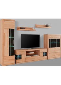 Home Affaire , Wohnwand »Ribe,Set-5 St.,Oberplatten massiv,viel Stauraum«, (Set, 5 St.), Glaseinsatz aus gehärtetem Glas,Böden teilweise versetzbar...