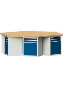 Gruppen-Werkbank, 6 Schränke, je 2 Schubladen, 1 Tür, Buchemassivplatte ANKE