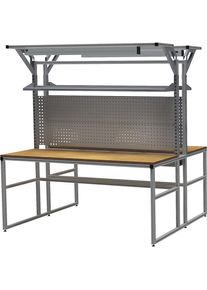 workalu Aluminium-Werkbank mit Systemaufbau, doppelseitig, 2 Fachböden, 4 Lochwände, 1 Kabelwanne, 2 Arbeitsplatzleuchten, Plattenbreite 1950 mm