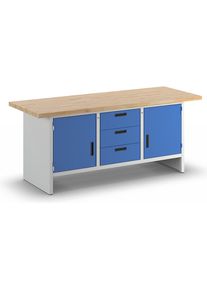 Werkbank mit geschlossenen Seiten, 3 Schubladen, 2 Türen, Breite 2000 mm, lichtgrau / enzianblau eurokraft basic