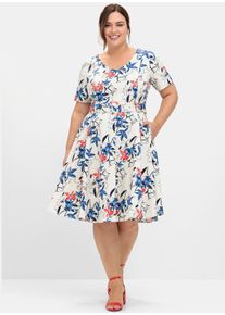 sheego Witt Damen Cocktailkleid mit Blumenprint und Stoffgürtel, champagner-gemustert, Größe 52, 97% Baumwolle, 3% Elasthan