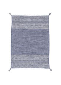 CarpetFine Teppich »Kelim Azizi, auch als Läufer erhältlich« rechteckig 5 mm Höhe handgewebt, Baumwolle, Wendeteppich mit Fransen, Fleckerl, Wohnzimmer , blau...