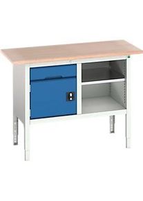 Kastenwerkbank Bott verso, mit Multiplex-Platte, 1 Schublade & 1 Ablageboden & 1 T&uuml;r, B 1250 x T 600 x H 830 - 930 mm, Lichtgrau / Enzianblau