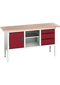 Kastenwerkbank Bott verso, mit Multiplex-Platte, 3 Schubladen & 1 Ablageboden & 1 T&uuml;r, B 1750 x T 600 x H 830 - 930 mm, RAL 7035 Lichtgrau / RAL 3004 Purpurrot
