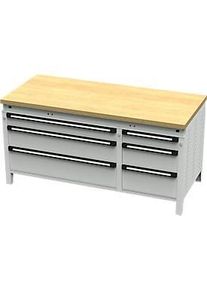Otto Kind Breitfachwerkbank Typ 430, Buche Multiplexplatte, b&uuml;ndig, bis 1400 kg, B 1697 x T 750 x H 850 mm, Stahl, Zentralverschluss, lichtgrau/lichtgrau