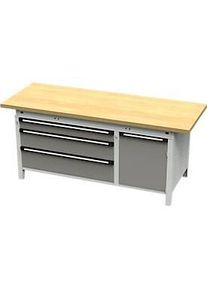 Otto Kind Breitfachwerkbank Typ 435, Buche Multiplexplatte, &uuml;berstehend, bis 1400 kg, B 2004 x T 750 x H 850 mm, Stahl, Zentralverschluss, lichtgrau/staubgrau