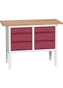 Kastenwerkbank Bott verso, Multiplex-Platte, 6 Schubladen, B 1250 x T 600 x H 830 - 930 mm, RAL 7035 Lichtgrau / Purpurrot