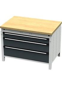 Otto Kind Breitfachwerkbank Typ 410, Buche Multiplexplatte, bis 1.200 kg, B 1152 x T 750 x H 850 mm, Stahl, Zentralverschluss, lichtgrau/anthrazitgrau