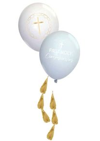 4 Holy blue Communion Ballons mit Anhänger 27cm