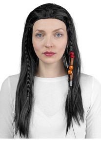 maskworld Schwarze Per&uuml;cke mit Z&ouml;pfen und Haarschmuck