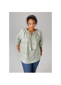 Aniston Plus, Unisex, Aniston PLUS Schlupfbluse mit gl&auml;nzenden, goldfarbenen Blumen bedruckt, mint, goldfarben, 44, Bluse mit R&uuml;schen und Bindeband am
