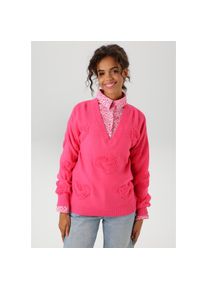 Aniston CASUAL , Strickpullover, mit 3D-Effekt durch eingestrickte Herzen , pink , Pullover mit V-Ausschnitt