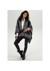 Aniston SELECTED , Strickponcho, Cape mit Fransen , schwarz , 1 , Poncho mit Streifen und Fransenverzierung