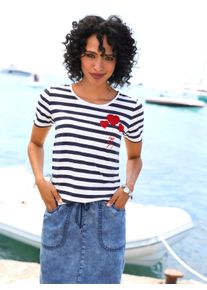 Heine Witt Damen Shirt mit Applikation, marine-ecru-geringelt, Gr&ouml;&szlig;e 46, 95% Viskose, 5% Elasthan