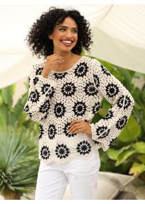 Heine Witt Damen Pullover mit Crochet-Spitze, ecru-schwarz-gemustert, Gr&ouml;&szlig;e 32/34, 100% Baumwolle