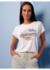 Heine Witt Damen Kurzarmshirt mit Schriftzug-Print, wei&szlig;-rauchblau, Gr&ouml;&szlig;e 44, 95% Viskose, 5% Elasthan