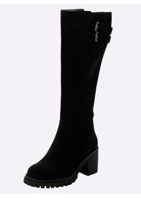 sheego Witt Damen Weitschaftstiefel mit Zierschnallen und Blockabsatz, schwarz, Größe 40, 100% Leder