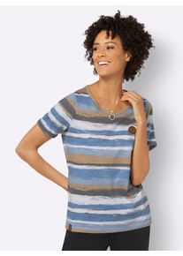 WITT Damen Streifenshirt mit Lederimitat-Details, mittelblau-camel-bedruckt, Gr&ouml;&szlig;e 44, 100% Baumwolle